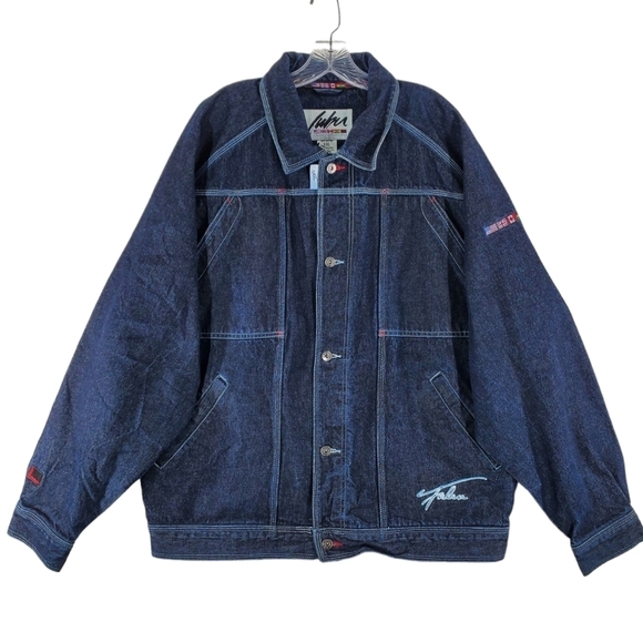 FUBU Denim Blue Jean Jacket Men 2XL Multi Pocket Embroidered Logo Button Up READ - Picture 16 of 16